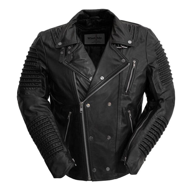 First MFG Brooklyn men's leather jacket displayed on a hanger, showcasing the classic design and rich brown leather material.