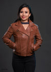 Betsy women's leather jacket by HighwayLeather featuring a classic black leather design with a fitted collar and zippered front.