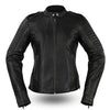 Women’s black biker jacket by Dynamicleather featuring a stylish fit and classic design, shown on a model.
