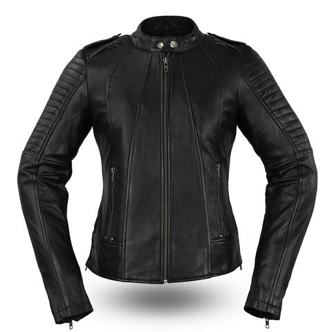Women’s black biker jacket by Dynamicleather featuring a stylish fit and classic design, shown on a model.