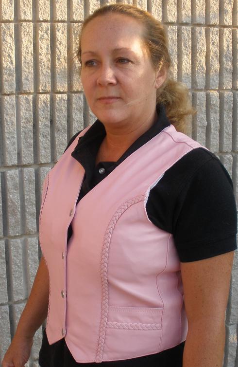 Pink leather motorcycle vest by Dynamicleather, featuring a stylish fitted design with front zipper and shoulder details.