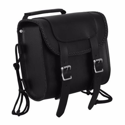 Dynamicleather FIBAG8501 biker bag in black leather with silver hardware, featuring adjustable straps and multiple compartments.