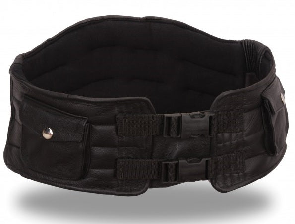 Assorted HighwayLeather kidney back support belts, adjustable for lumbar relief and posture support.
