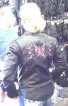 Hot pink butterfly leather jacket for women by HighwayLeather, featuring reflective details and stylish design.
