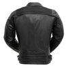First MFG Brooklyn men's leather jacket shown on a hanger, showcasing its classic design and rich brown leather material.