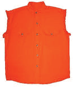 HighwayLeather orange biker denim cutoff sleeve shirt, sleeveless textile clothing with rugged style and distressed finish.