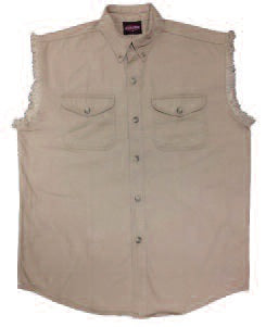 Beige biker denim cutoff sleeve shirt by HighwayLeather, sleeveless textile clothing with a rugged, casual style.