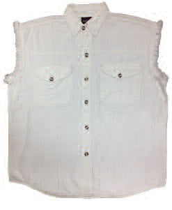 White biker denim cutoff sleeve shirt by HighwayLeather, showcasing sleeveless design and rugged textile style.