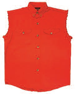 Red biker denim cutoff sleeve shirt by HighwayLeather, showcasing rugged textile clothing with distressed details.