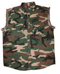 HighwayLeather biker denim cutoff sleeve shirt in jungle print, sleeveless textile clothing with rugged style.