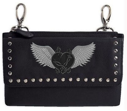 Grey barbed wire heart with wings hip clip bag by HighwayLeather, featuring a detailed design and metal clip attachment.