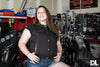 Buffalo Leather Gear women's black denim motorcycle club vest with silver button accents, sleeveless style, and classic biker look.