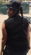 Buffalo Leather Gear women's black denim motorcycle club vest with back design, tailored for women’s vests style.