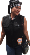 Buffalo Leather Gear women's black denim motorcycle club vest with stylish design and metal button details.