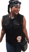 Buffalo Leather Gear women's black denim motorcycle club vest with sleeveless design and silver button details on a white background.