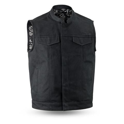 Men's Highland vest by Dynamicleather featuring a sleek leather design and tailored fit, shown in a close-up view.