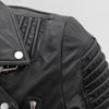 Men's leather jacket from FIRST MFG, Brooklyn style, featuring a classic design with visible stitching and a smooth leather finish.