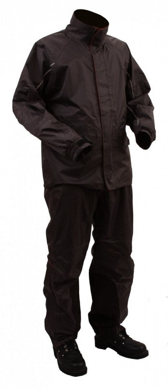 Unisex black rain suit by Buffalo Leather Gear with reflective details, including jacket and pants, designed for weather protection.