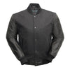 First MFG men's varsity woolen jacket with black body and leather sleeves, featuring ribbed collar and cuffs.