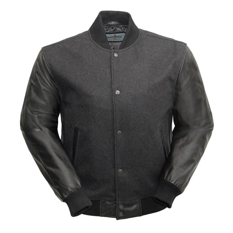 First MFG men's varsity woolen jacket with black body and leather sleeves, featuring ribbed collar and cuffs.