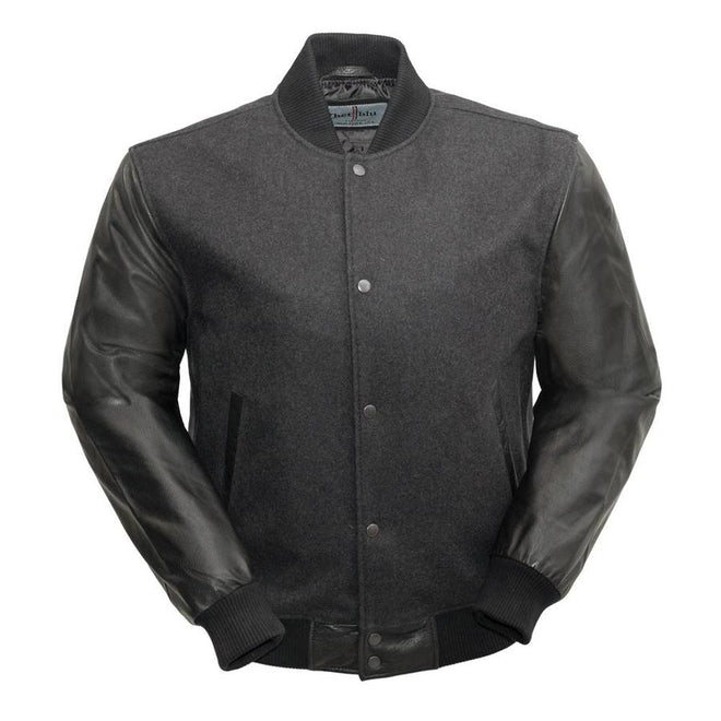 First MFG men's varsity woolen jacket with black body and leather sleeves, featuring ribbed collar and cuffs.