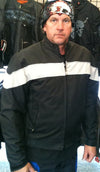 Gray striped men's textile motorcycle windbreaker jacket from HighwayLeather, featuring a lightweight, protective design.