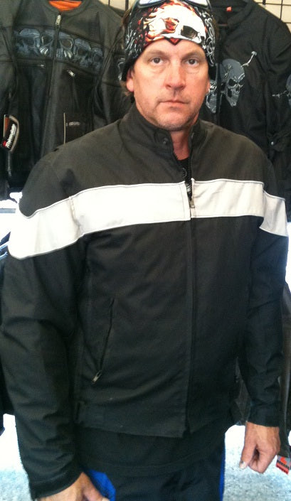 Gray striped men's textile motorcycle windbreaker jacket from HighwayLeather, featuring a lightweight, protective design.