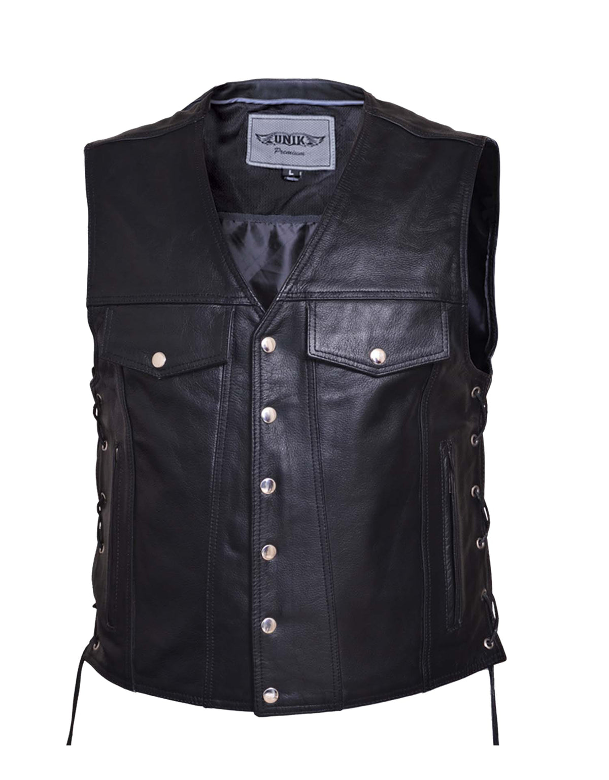 Men's premium leather motorcycle vest by Dynamicleather, featuring a sleek design with front zipper and side pockets.