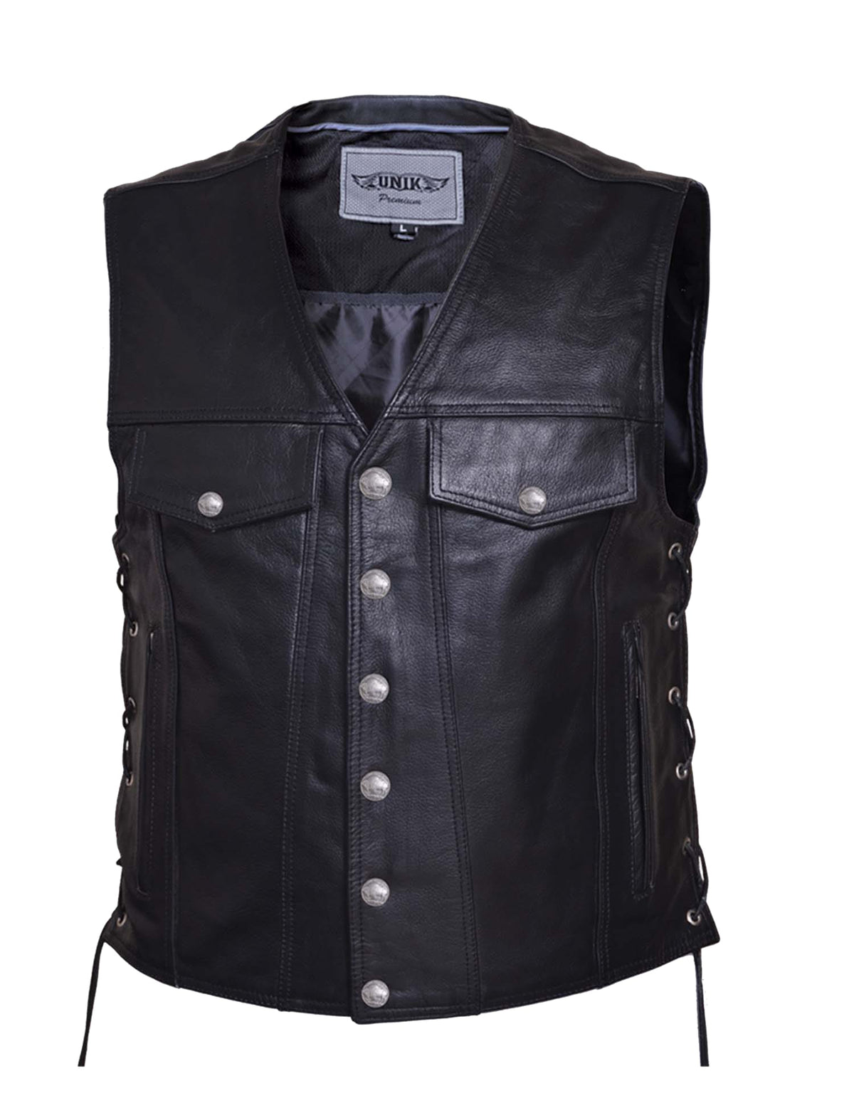 Men's premium leather motorcycle vest by Dynamicleather with front zipper and multiple pockets, stylish and durable for riding.