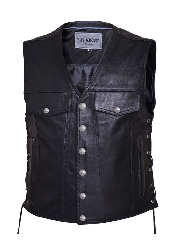Men's premium leather motorcycle vest by Dynamicleather with front zipper and multiple pockets, stylish and durable for riding.