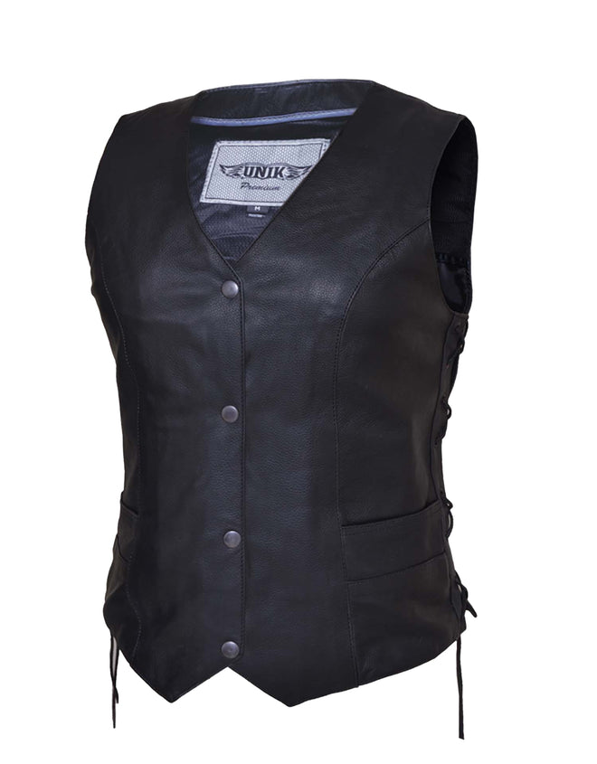 Women’s traditional premium leather motorcycle vest by Dynamicleather, featuring classic design and durable leather material.