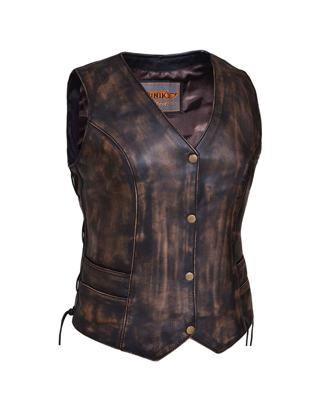 Ladies Nevada Brown traditional ultra motorcycle vest by Dynamicleather, featuring a fitted design and classic leather details.