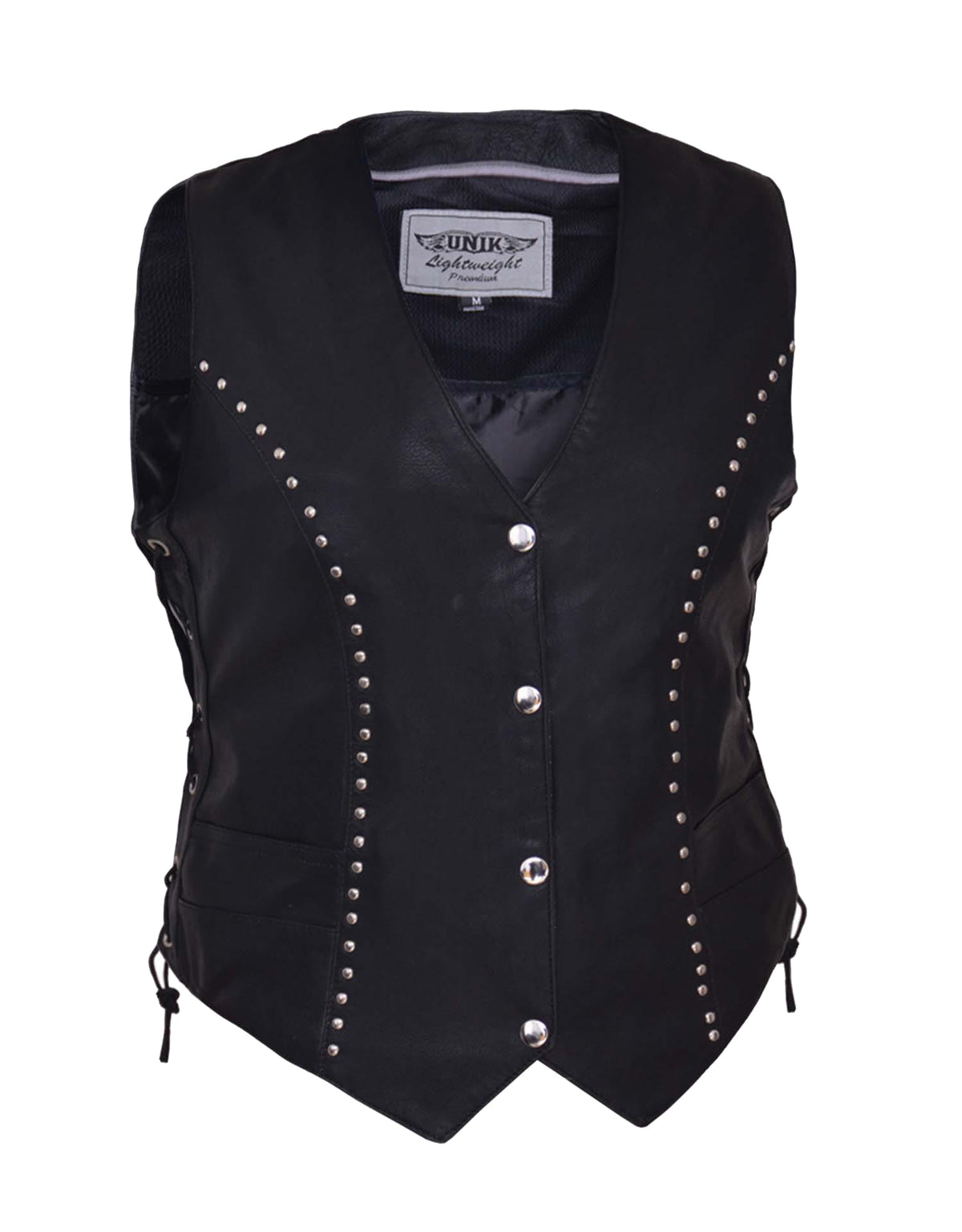 Women’s premium studded leather motorcycle vest by Dynamicleather featuring metal stud details and a classic biker style.