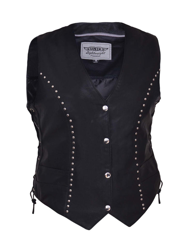 Women’s premium studded leather motorcycle vest by Dynamicleather featuring metal stud details and a classic biker style.