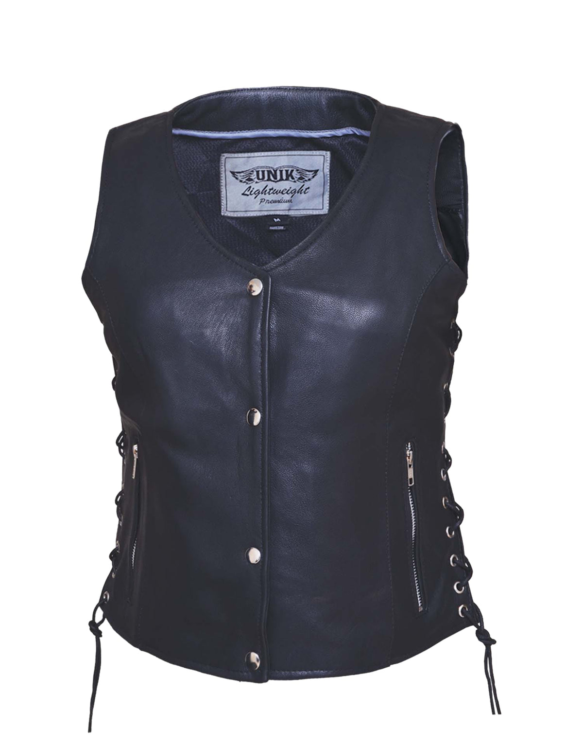 Women's ultra leather motorcycle vest by Dynamicleather featuring a sleek design and front zipper closure.