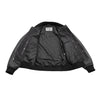 Men's black varsity woolen jacket with leather sleeves by FIRST MFG, featuring a classic varsity style with ribbed cuffs and collar.