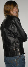 Women’s The Race Leather Jacket by Dynamicleather, black genuine leather, tailored fit with front zipper and stylish collar.