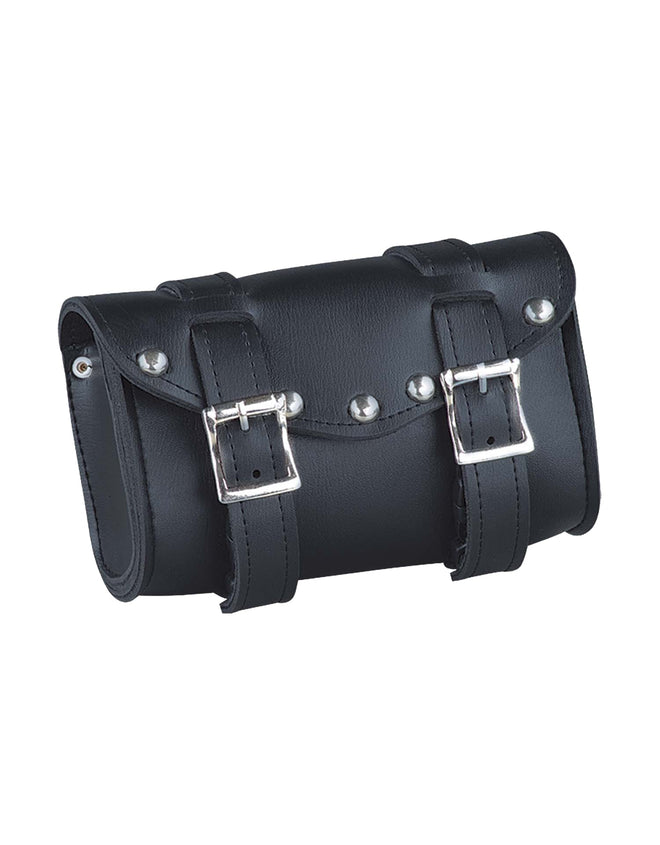 Black PVC tool bag by Dynamicleather featuring clip, thigh, fan, and bag compartments for versatile storage.
