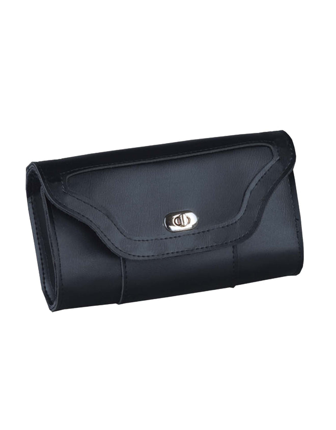 Dynamicleather PVC windshield bag with clip, thigh strap, and fan attachment for outdoor use, shown in black with adjustable straps.
