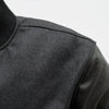 Men's woolen varsity jacket with leather sleeves by FIRST MFG, black color, stylish men's jacket with ribbed collar and cuffs.