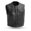 Black leather biker vest by Dynamicleather featuring lowside design, with visible stitching and sleek, rugged style.