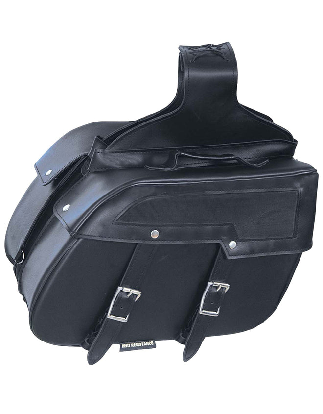 Black PVC saddle bag from Dynamicleather Biker Bags collection, mounted on a motorcycle for outdoor riding.