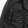 Men's black varsity woolen jacket with leather sleeves by FIRST MFG, featuring a classic varsity style and ribbed cuffs.
