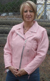 Women’s pink leather jacket by Dynamicleather, stylish fitted design with smooth leather texture and front zipper closure.