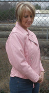 Pink leather women's jacket by Dynamicleather, featuring a stylish design with a front zipper and collar.