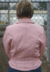 Women’s pink leather jacket by Dynamicleather, stylish and fitted with visible details of the soft leather material.