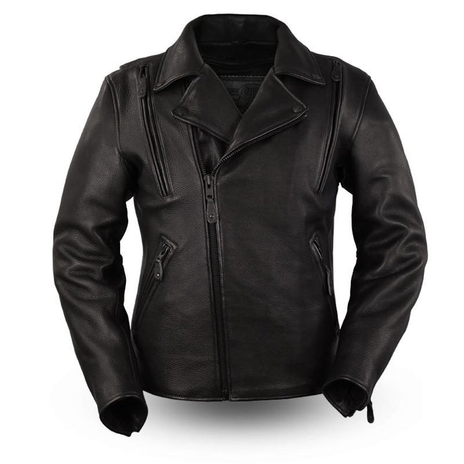Women’s Night Rider jacket by Dynamicleather, stylish black leather jacket featuring a sleek design and modern fit.