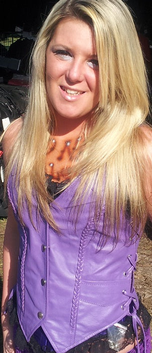 Purple women's leather vest with braid and lace-up side details by HighwayLeather, designed for motorcycle club riders.