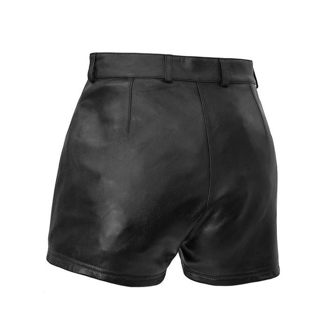 HighwayLeather MALENI women's leather shorts, stylish black boy shorts with a fitted design, visible stitching, and leather texture.