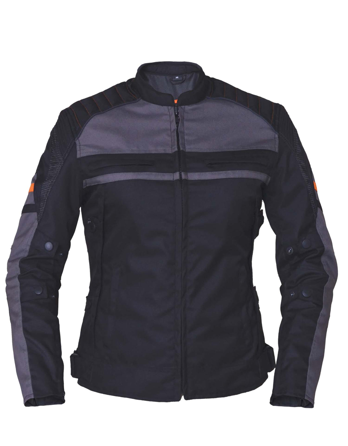 Women’s Revolution Gear nylon motorcycle jacket by Dynamicleather in two-tone design, styled as a women’s top or shirt.